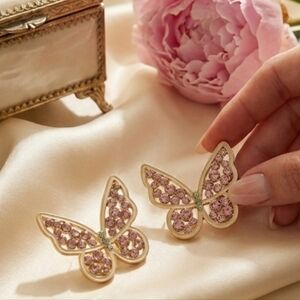 Eye-candy Women's Pink and Gold rhinestone butterfly earrings
